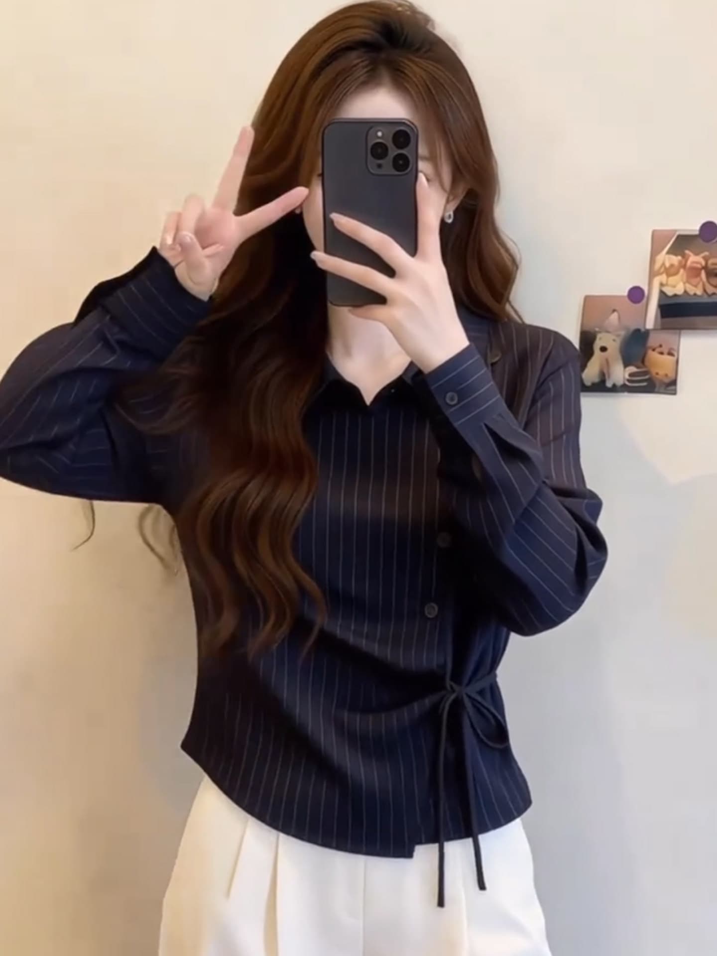 프랑스식 진한 파란색 스트라이프 폴로 칼라 긴팔 여성 셔츠 이른 가을 디자인 센스 측면 단추 레이스업 허리 수축 품격 맨위 이미지 3