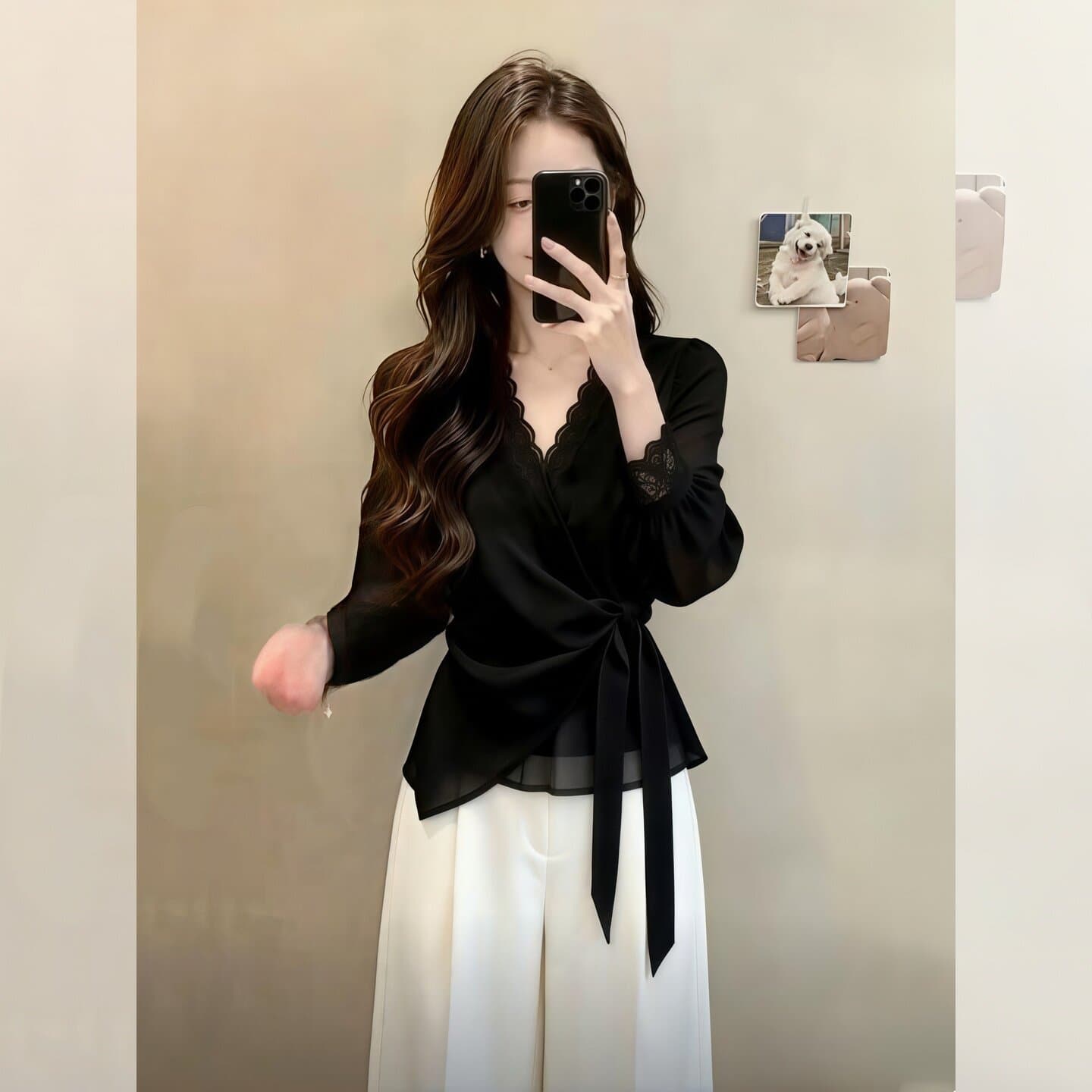 품격 검정색 V넥 레이스 레이스업 허리 수축 긴팔 여성 셔츠 2026 새로운 가을 프랑스식 아름다운 작은 맨위 상세 이미지 7