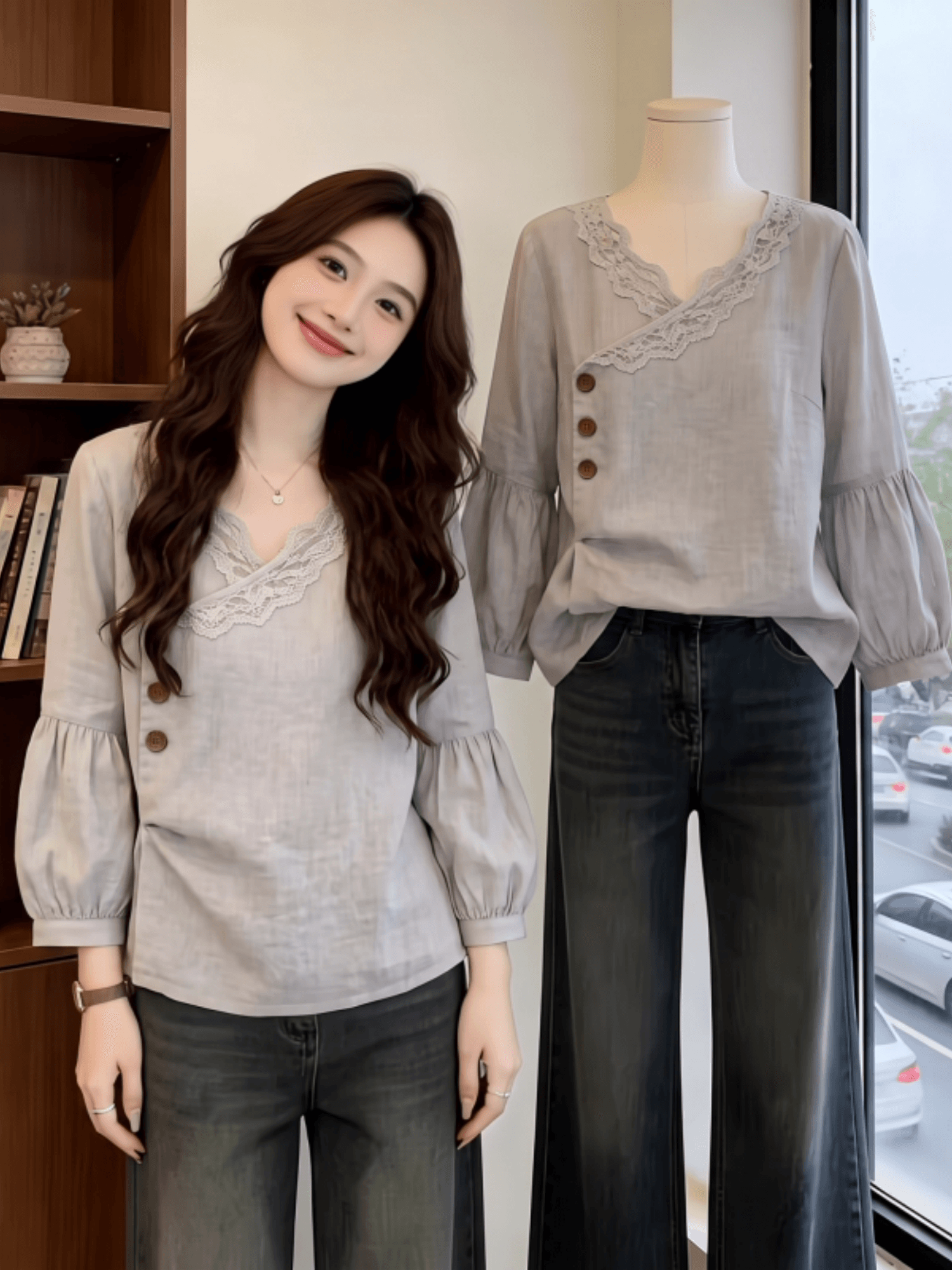 회색 레이스 측면 V넥 긍정적 인 어깨 여성 셔츠 2026 새로운 가을 빅 사이즈 지방 mm 표지 배 외국 가스 연령 감소 맨위 상세 이미지 3