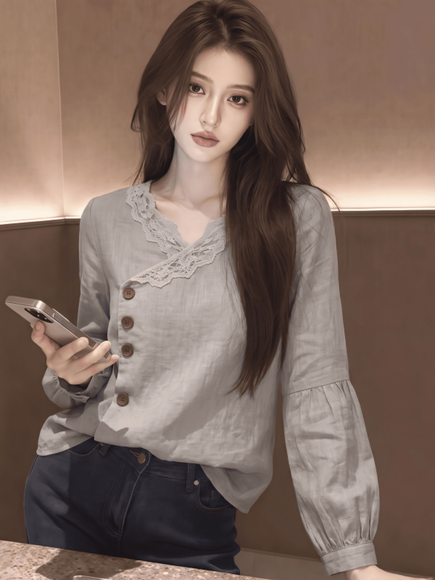 회색 레이스 측면 V넥 긍정적 인 어깨 여성 셔츠 2026 새로운 가을 빅 사이즈 지방 mm 표지 배 외국 가스 연령 감소 맨위