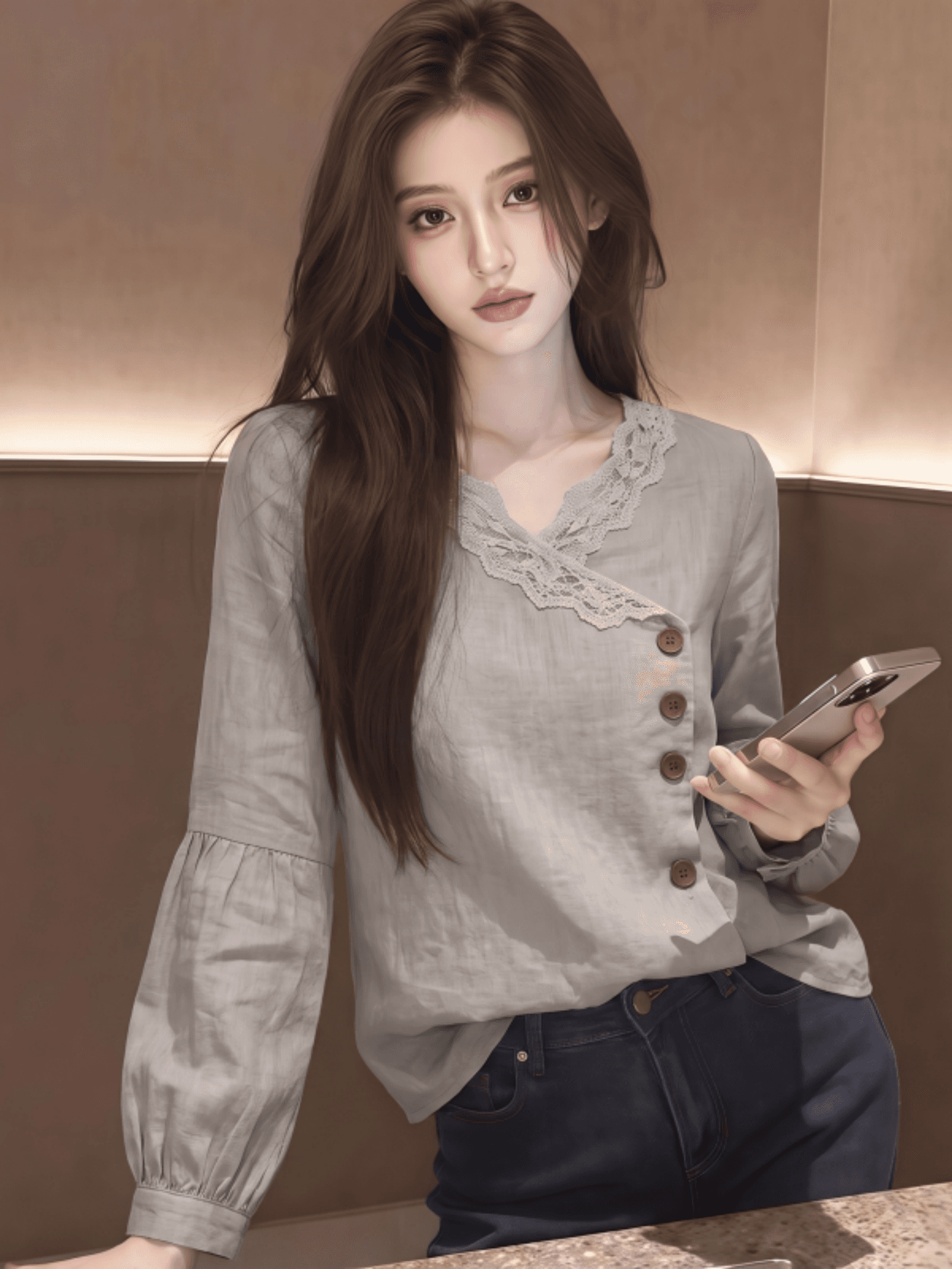 회색 레이스 측면 V넥 긍정적 인 어깨 여성 셔츠 2026 새로운 가을 빅 사이즈 지방 mm 표지 배 외국 가스 연령 감소 맨위 상세 이미지 2