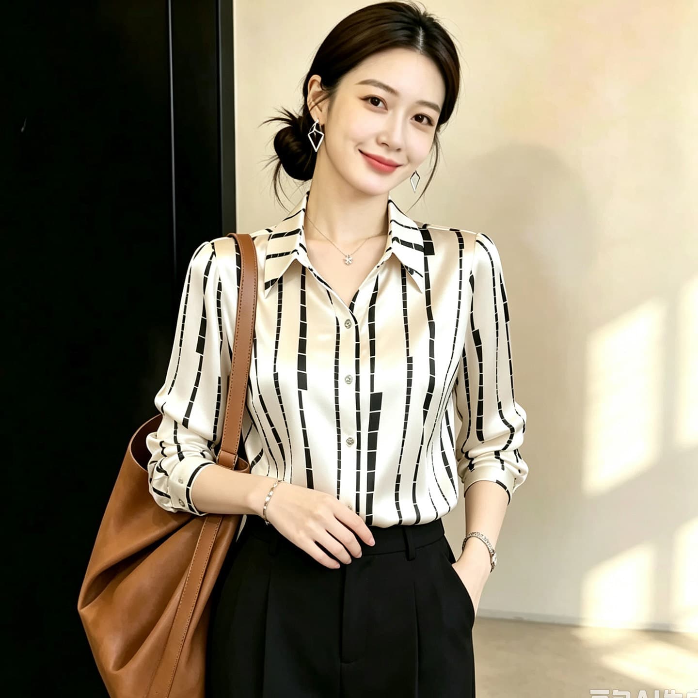 프린트 스트라이프 새틴 여성 셔츠 봄 가을 2026 새로운 고급 센스 출퇴근 폴로 칼라 셔츠 긴팔 캐주얼 맨위 이미지 3