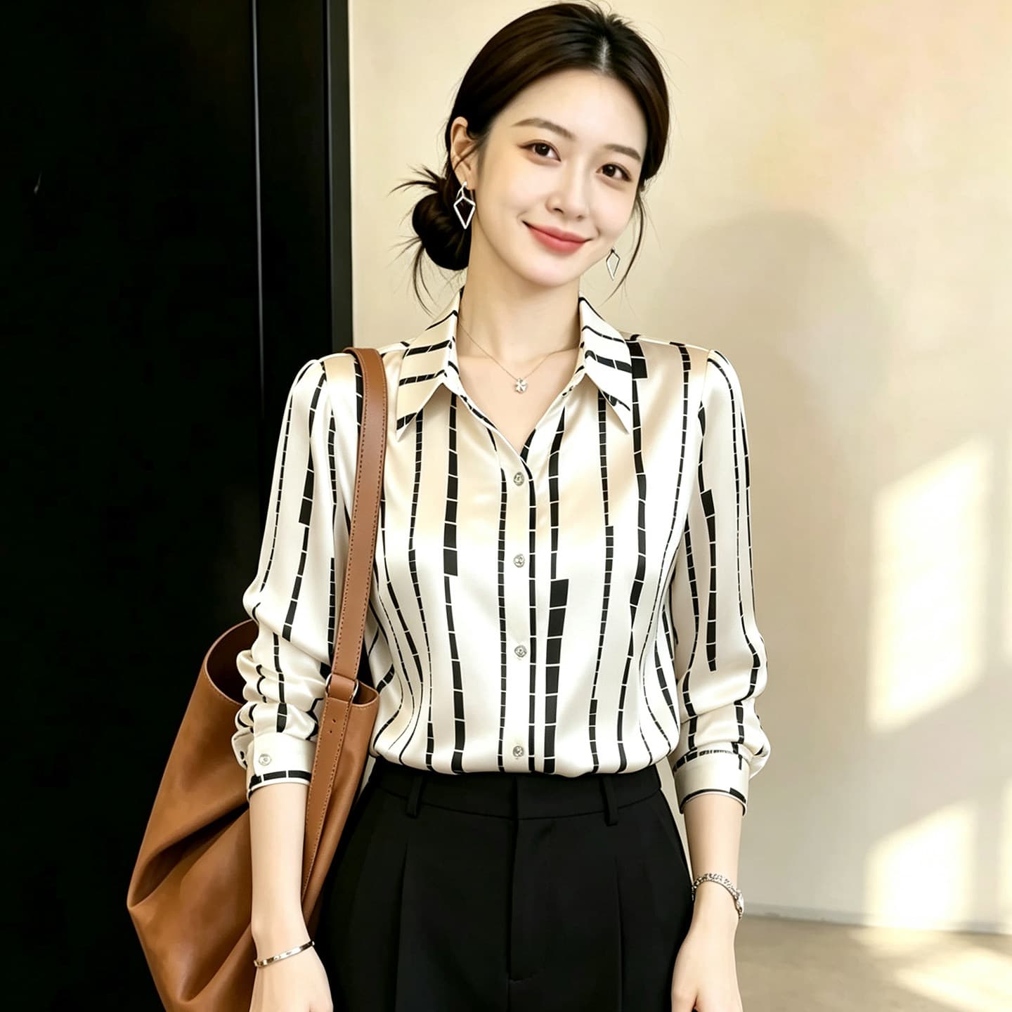프린트 스트라이프 새틴 여성 셔츠 봄 가을 2026 새로운 고급 센스 출퇴근 폴로 칼라 셔츠 긴팔 캐주얼 맨위 상세 이미지 2