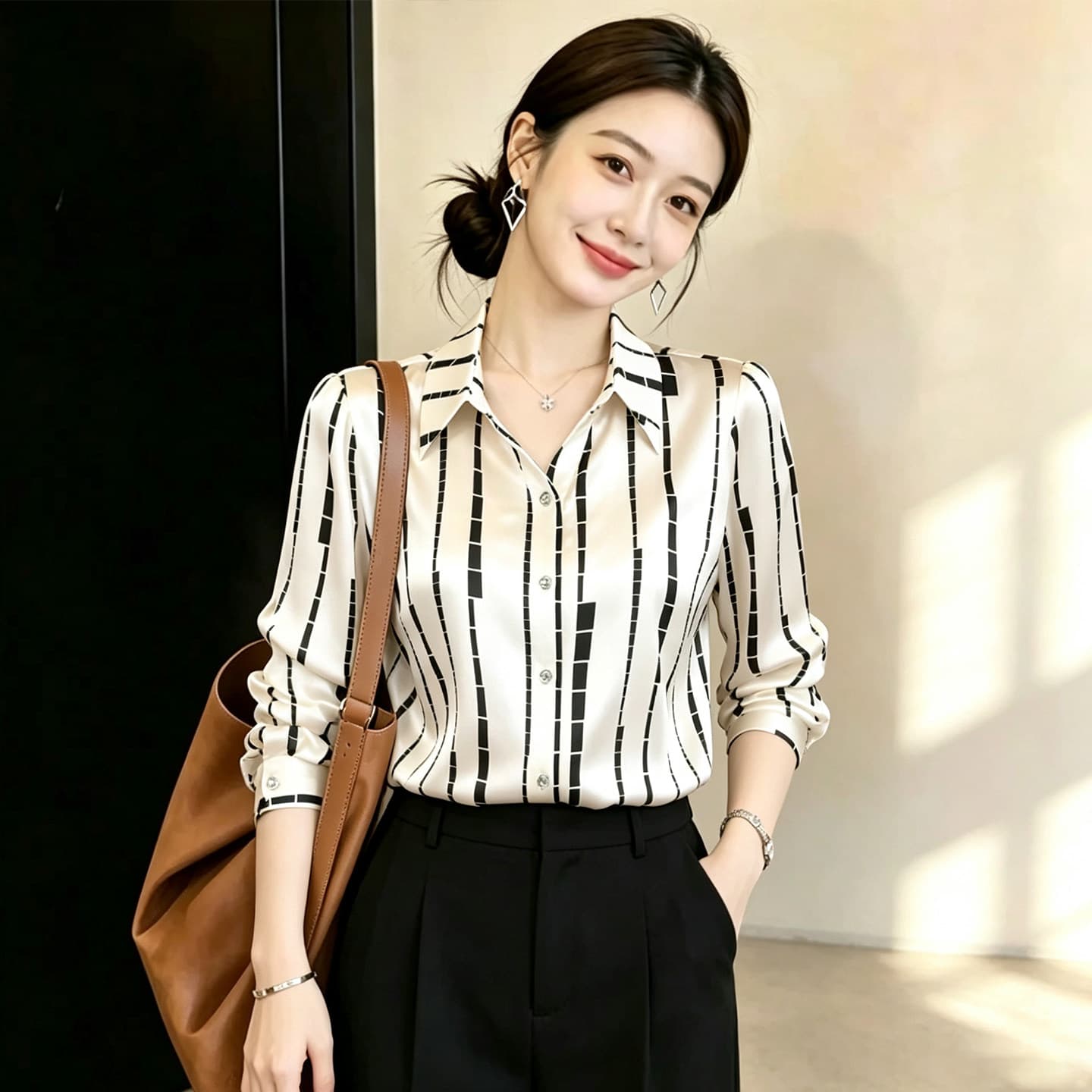 프린트 스트라이프 새틴 여성 셔츠 봄 가을 2026 새로운 고급 센스 출퇴근 폴로 칼라 셔츠 긴팔 캐주얼 맨위 상세 이미지 4