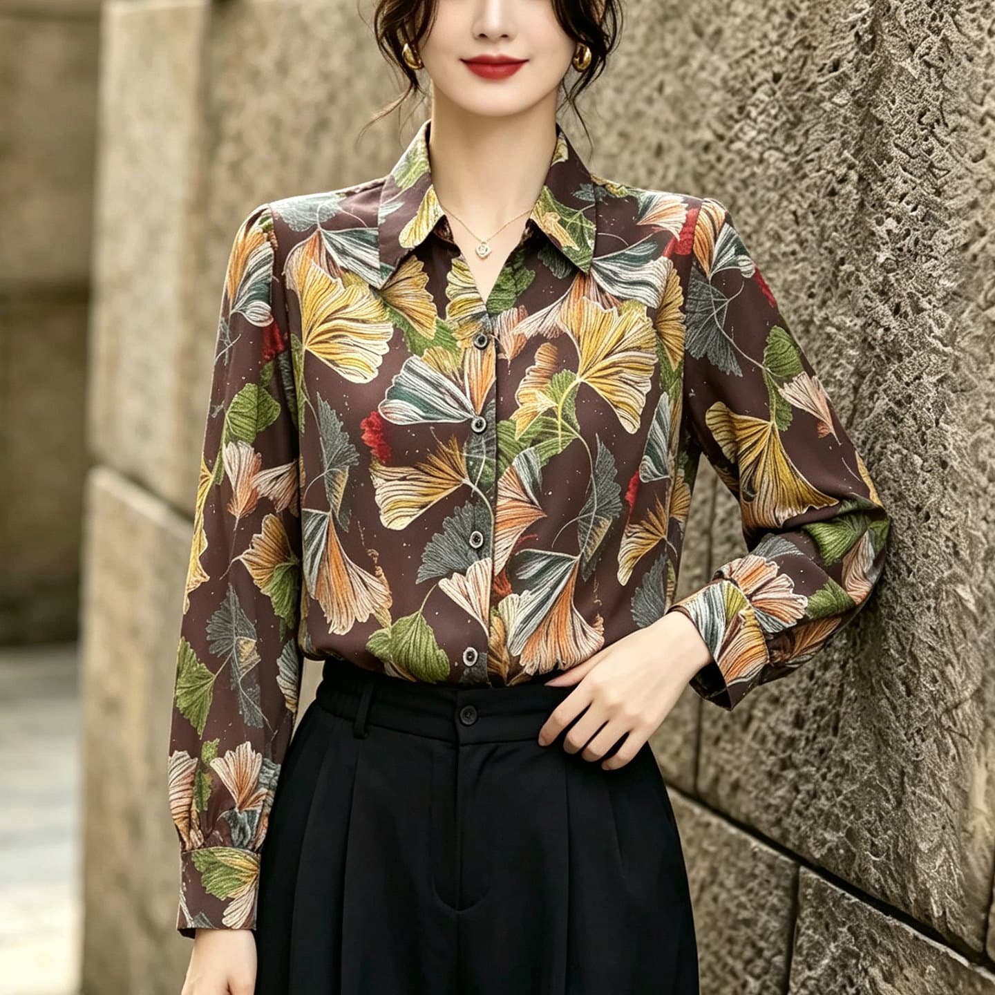 프린트 긴팔 쉬폰 셔츠 여성 봄 가을 2026 새로운 엄마 표지 고기 슬림해 보이는 맨위 외국 가스 폴로 칼라 셔츠 이미지 2