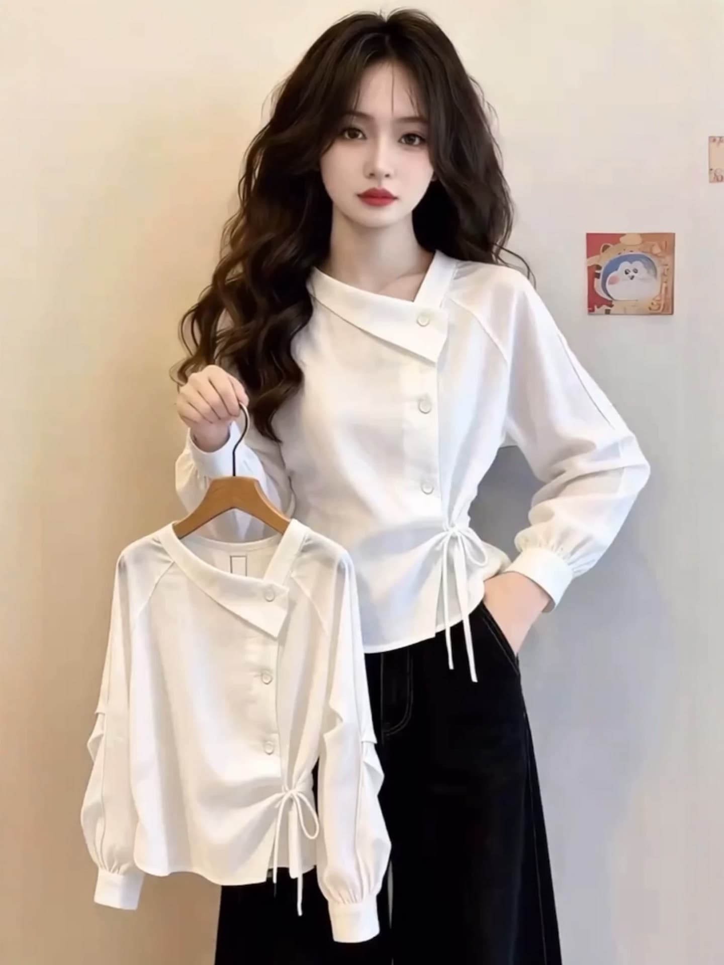 화이트 라운드 넥 긴팔 티셔츠 여성 이른 가을 디자인 센스 펌프 로프 허리 수축 루즈핏 다용도 품격 기본 셔츠 맨위 서비스 이미지 3