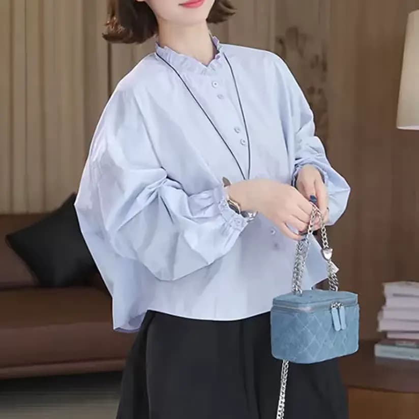 주름 레이스 칼라 여성 셔츠 연령 감소 벌룬 소매 루즈핏 셔츠 2026 새로운 가을 스택 착용 다용도 짧은 맨위