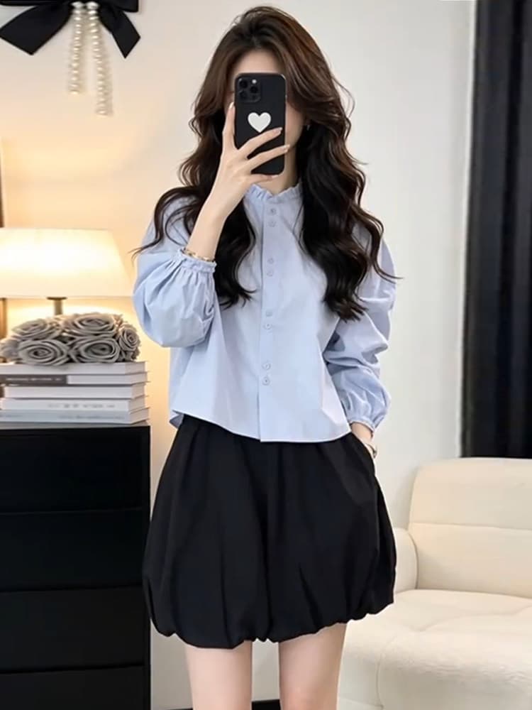 주름 레이스 칼라 여성 셔츠 연령 감소 벌룬 소매 루즈핏 셔츠 2026 새로운 가을 스택 착용 다용도 짧은 맨위 상세 이미지 3