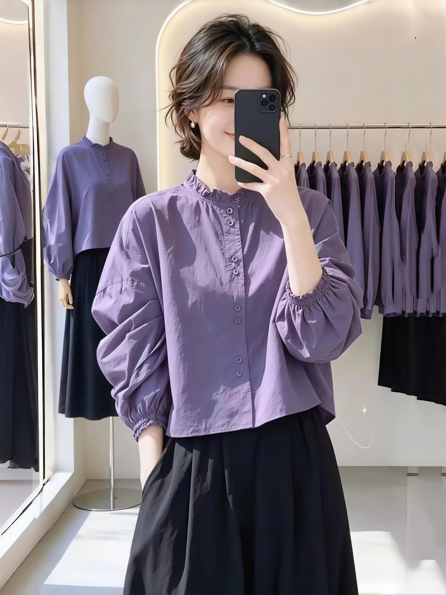 주름 레이스 칼라 여성 셔츠 연령 감소 벌룬 소매 루즈핏 셔츠 2026 새로운 가을 스택 착용 다용도 짧은 맨위 상세 이미지 4