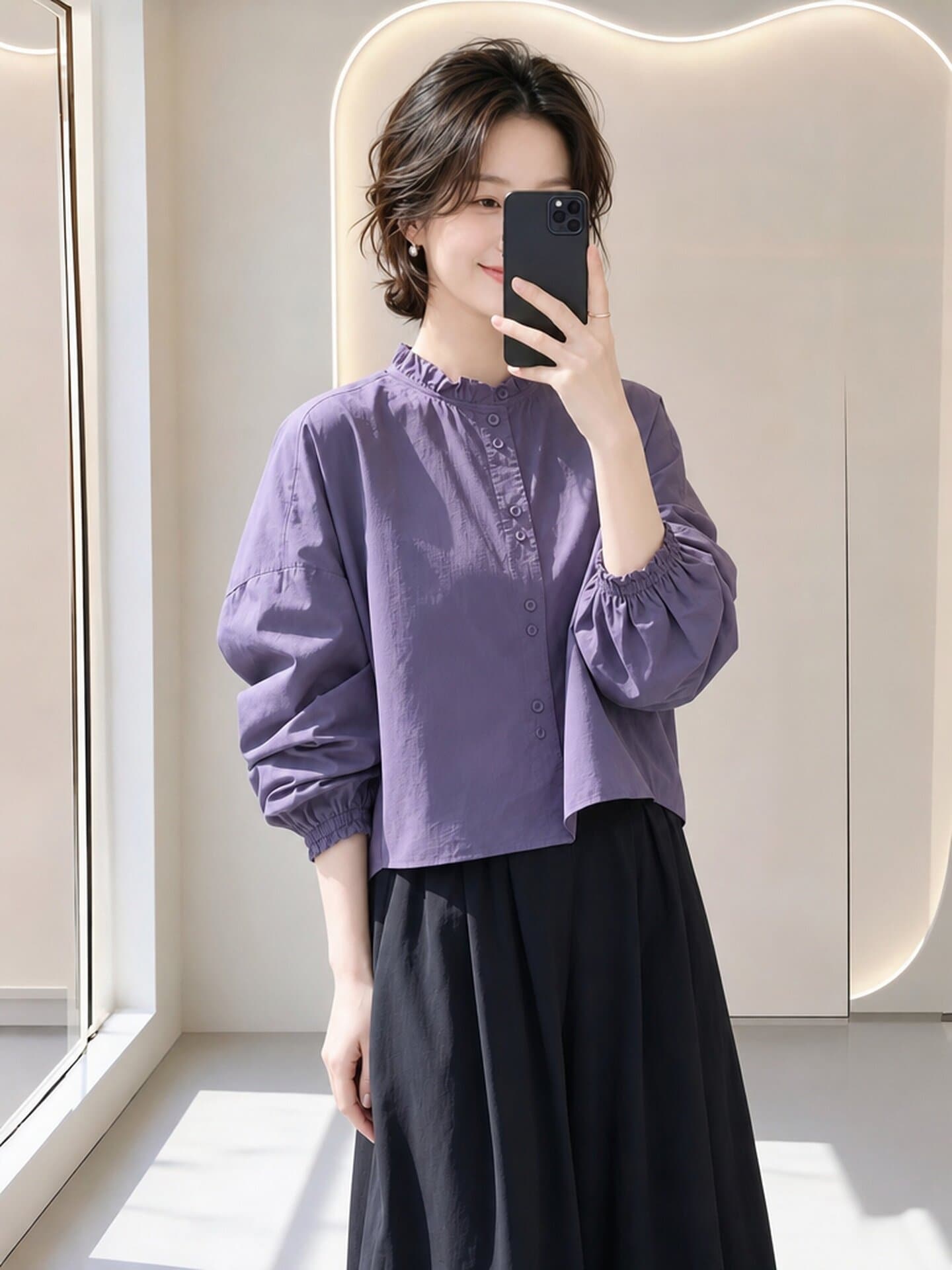 주름 레이스 칼라 여성 셔츠 연령 감소 벌룬 소매 루즈핏 셔츠 2026 새로운 가을 스택 착용 다용도 짧은 맨위 상세 이미지 5