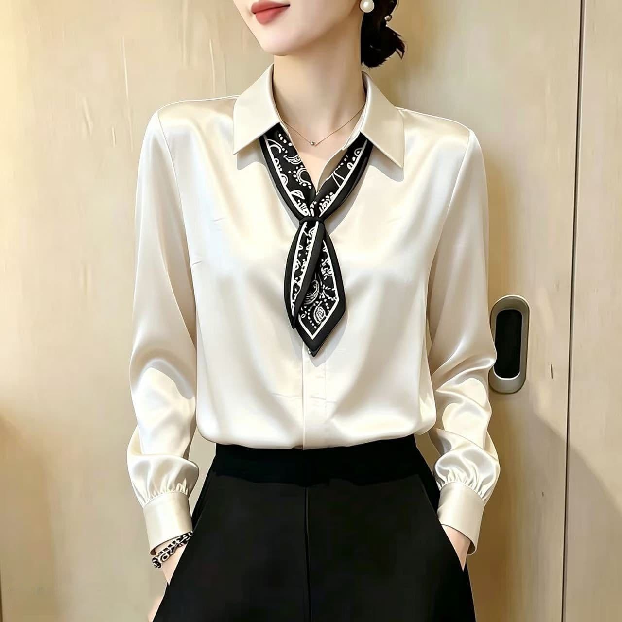검정색 새틴 스카프 폴로 칼라 긴팔 셔츠 여성 2026 가을 새로운 대양 파이 패션 연령 감소 출퇴근 맨위 상세 이미지 1