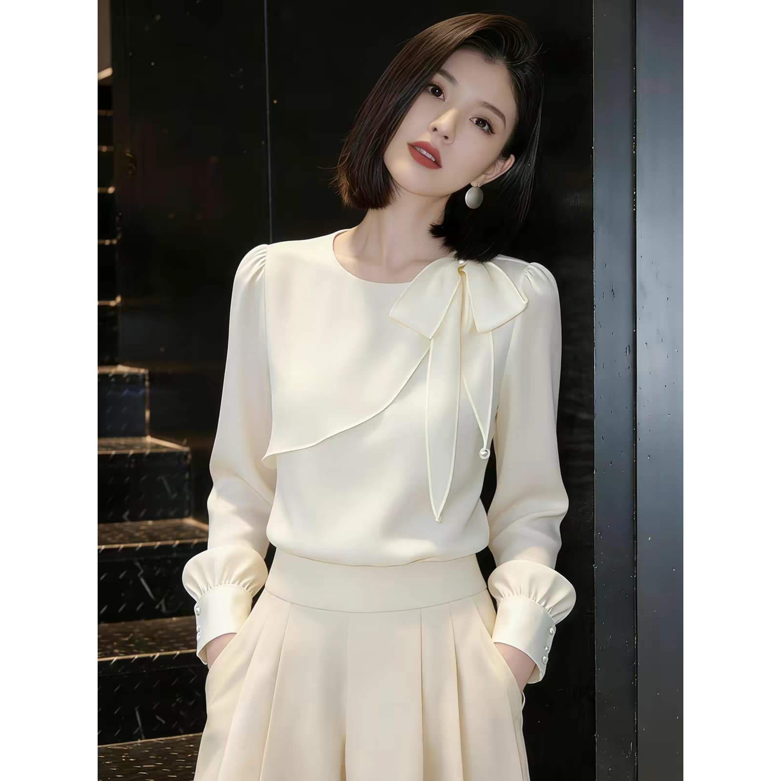 핑크색 새틴 긴팔 만나는 여성 셔츠 봄 가을 새로운 빅 사이즈 지방 mm 슬림해 보이는 고급 센스 프랑스식 빛 럭셔리 맨위 이미지 5