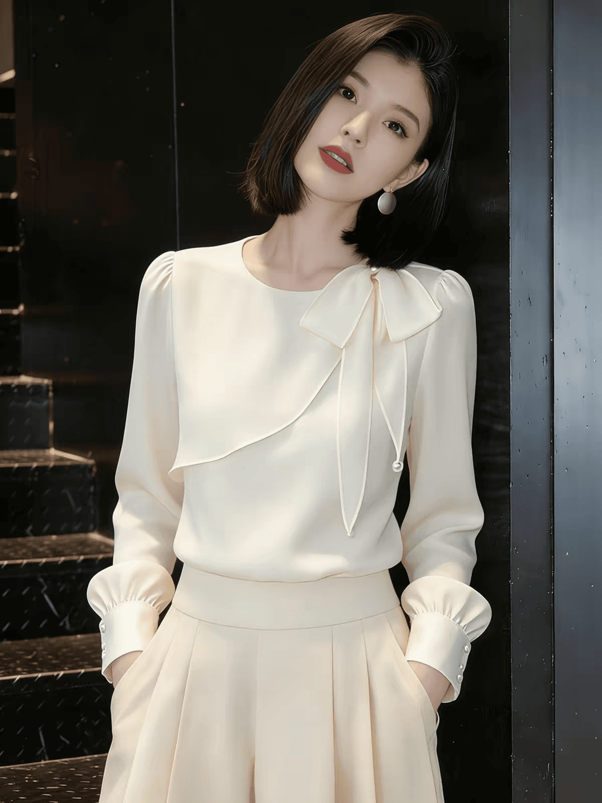 핑크색 새틴 긴팔 만나는 여성 셔츠 봄 가을 새로운 빅 사이즈 지방 mm 슬림해 보이는 고급 센스 프랑스식 빛 럭셔리 맨위 상세 이미지 6