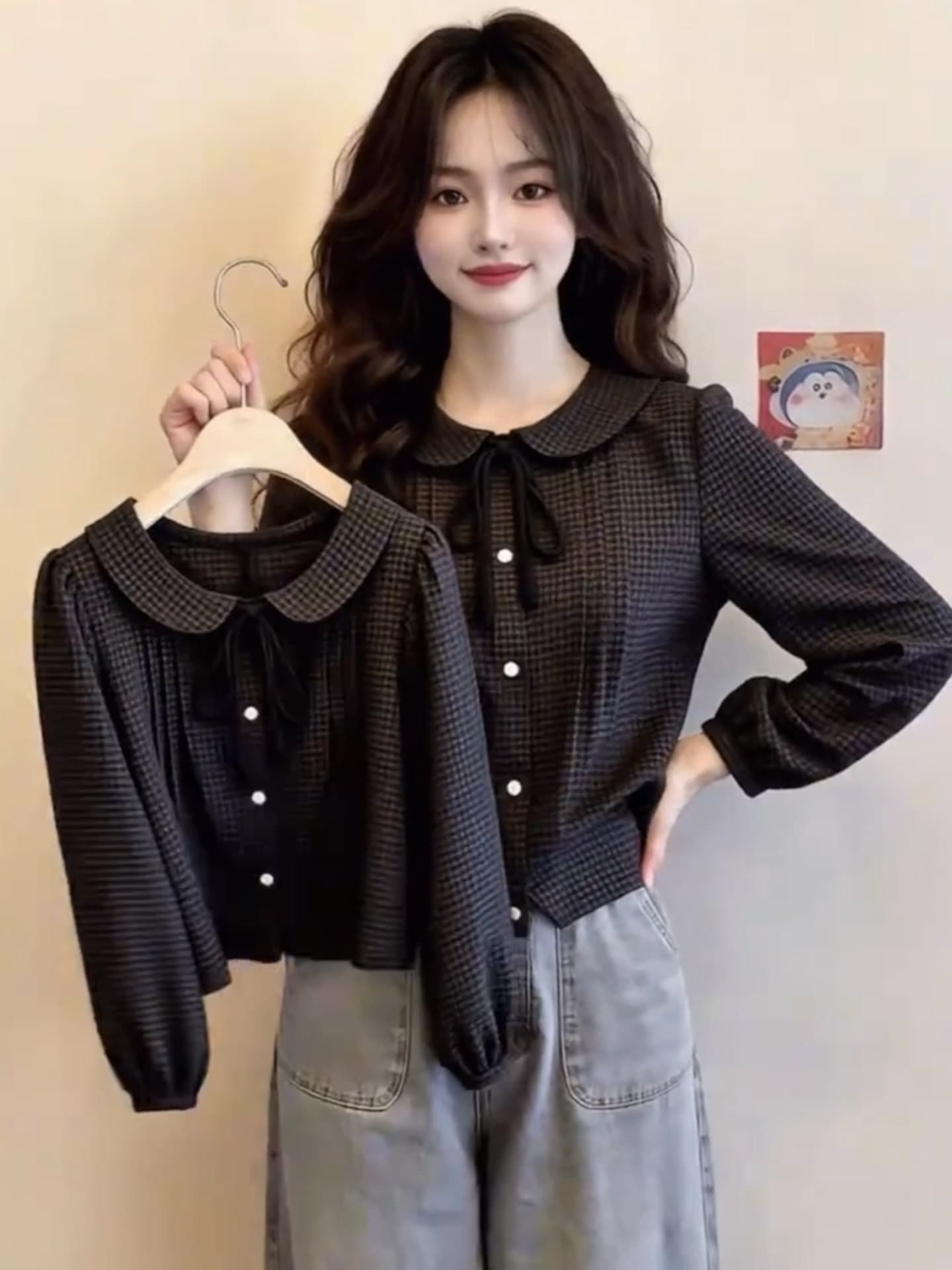 프랑스식 베이비 칼라 레이스업 체크무늬 긴팔 여성 셔츠 조기 가을 디자인 센스 루즈핏 슬림해 보이는 연령 감소 품격 셔츠 이미지 2