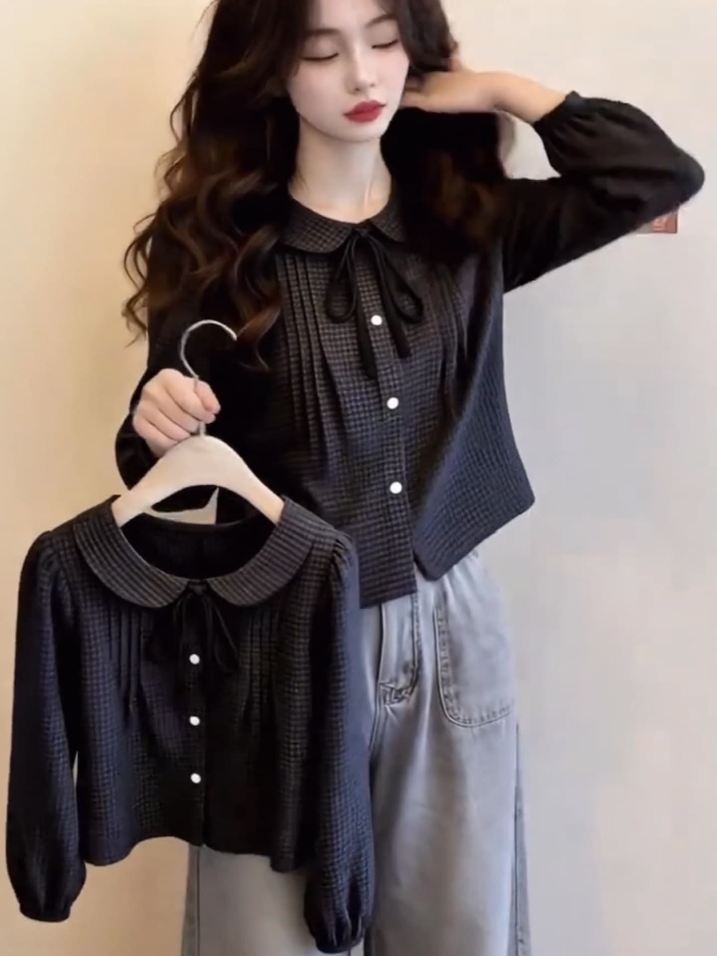 프랑스식 베이비 칼라 레이스업 체크무늬 긴팔 여성 셔츠 조기 가을 디자인 센스 루즈핏 슬림해 보이는 연령 감소 품격 셔츠 상세 이미지 3
