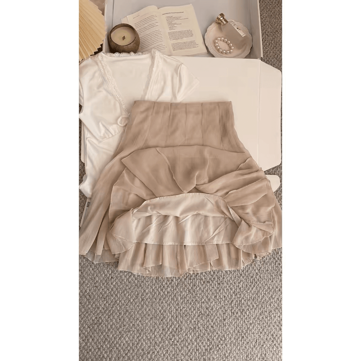 프랑스식 망사 계피 색상 불규칙 반신 스커트 여성 여름 작은 키 슬림해 보이는 주름 미니 스커트 5 점 중 치마 이미지 2