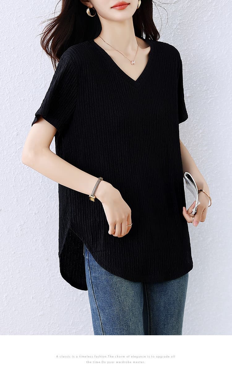 검정색 주름 불규칙 반팔 티셔츠 여성 여름 새로운 루즈핏 패션 슬림해 보이는 표지 배 다용도 품격 맨위 상세 이미지 12