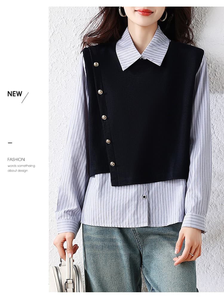패션 Chic 스트라이프 POLO 칼라 긴팔 여성 셔츠 2026 가을 새로운 품격 연령 감소 페이크 레이어드 맨위 상세 이미지 12