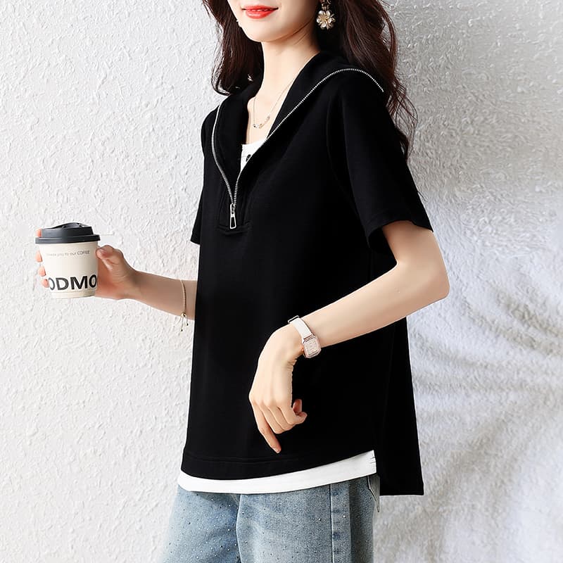 페이크 레이어드 패치워크 반팔 티셔츠 여성 2026 여름 새로운 외국 가스 루즈핏 표지 배 셔츠 다용도 슬림해 보이는 맨위 이미지 4