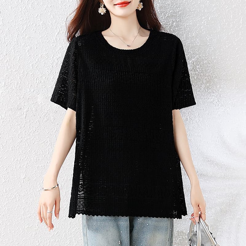 반팔 티셔츠 여성 여름 새로운 중년 엄마 레이스 셔츠 루즈핏 품격 작은 셔츠 빅 사이즈 반팔 여름 드레스 맨위 이미지 2