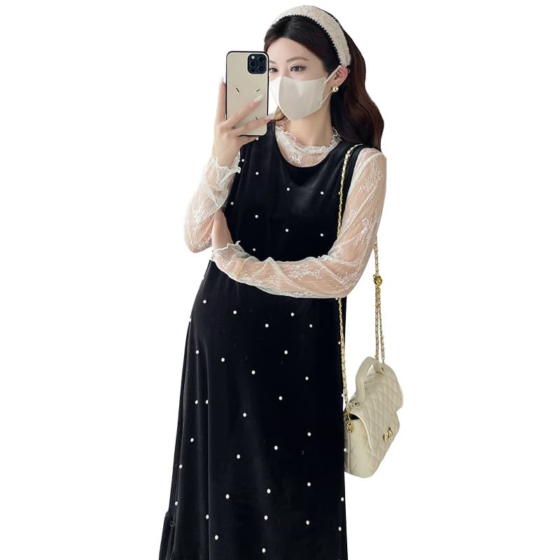 실사 임산부 가을 새로운 레이스 기본 셔츠 레트로 무거운 작업 비즈 박기 패치워크 신축성 벨벳 점프 슈트 치마 세트 이미지 5