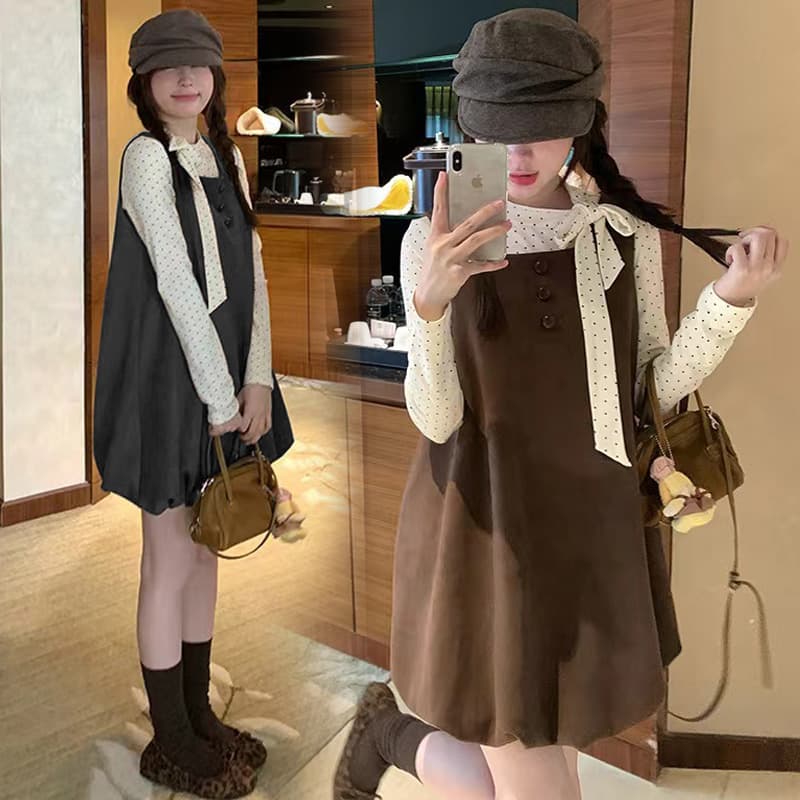 출산 착용 가을 겨울 새로운 도트 무늬 레이스업 기본 셔츠 달콤함 꽃밭 드레스 루즈핏 연령 감소 투피스 세트 재고 있음 이미지 3