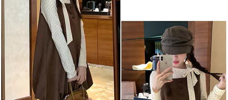 출산 착용 가을 겨울 새로운 도트 무늬 레이스업 기본 셔츠 달콤함 꽃밭 드레스 루즈핏 연령 감소 투피스 세트 재고 있음 상세 이미지 12