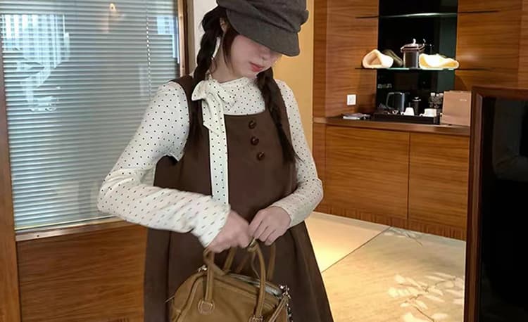 출산 착용 가을 겨울 새로운 도트 무늬 레이스업 기본 셔츠 달콤함 꽃밭 드레스 루즈핏 연령 감소 투피스 세트 재고 있음 상세 이미지 27