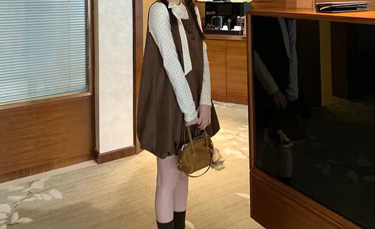 출산 착용 가을 겨울 새로운 도트 무늬 레이스업 기본 셔츠 달콤함 꽃밭 드레스 루즈핏 연령 감소 투피스 세트 재고 있음 상세 이미지 34
