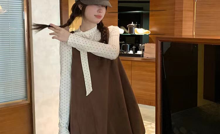 출산 착용 가을 겨울 새로운 도트 무늬 레이스업 기본 셔츠 달콤함 꽃밭 드레스 루즈핏 연령 감소 투피스 세트 재고 있음 상세 이미지 43