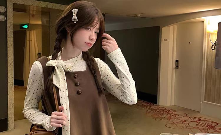 출산 착용 가을 겨울 새로운 도트 무늬 레이스업 기본 셔츠 달콤함 꽃밭 드레스 루즈핏 연령 감소 투피스 세트 재고 있음 상세 이미지 45