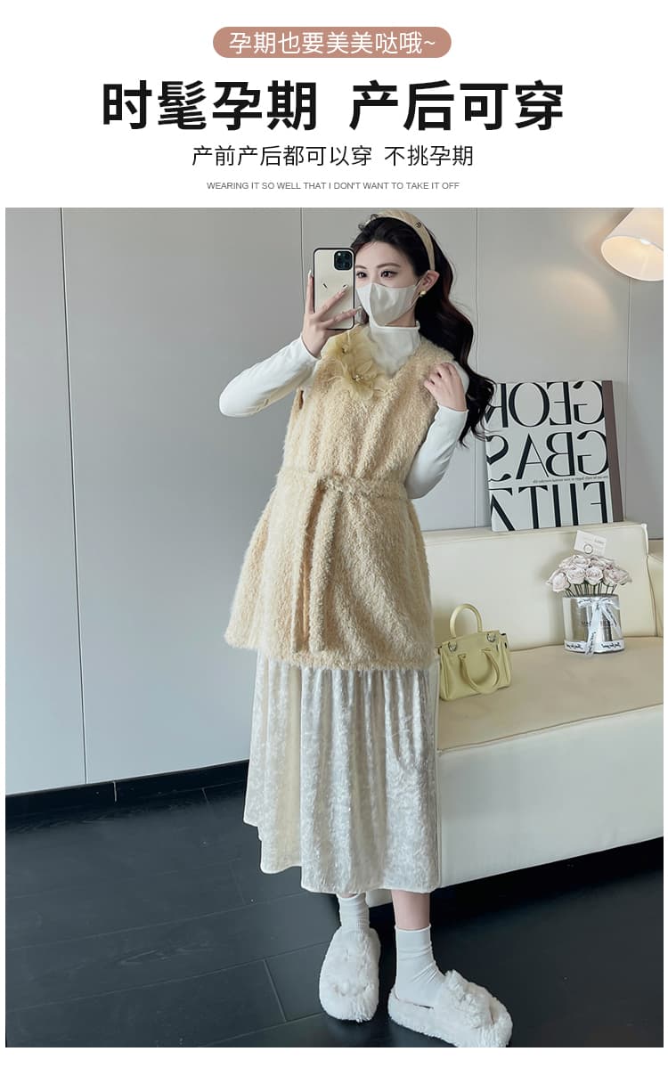 실사 2026 봄 가을 새로운 기본 셔츠 패치워크 벨벳 엠보싱 페이크 레이어드 드레스 임산부 투피스 세트 상세 이미지 4