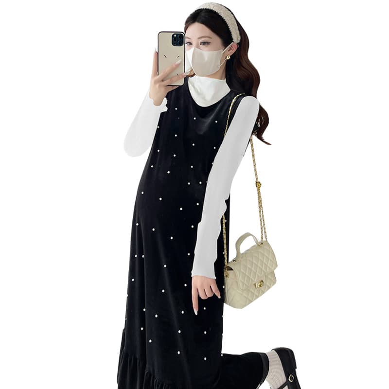 실사 재고 있음 2026 봄 새로운 기본 셔츠 레트로 무거운 작업 비즈 박기 벨벳 드레스 임산부 투피스 세트 이미지 5