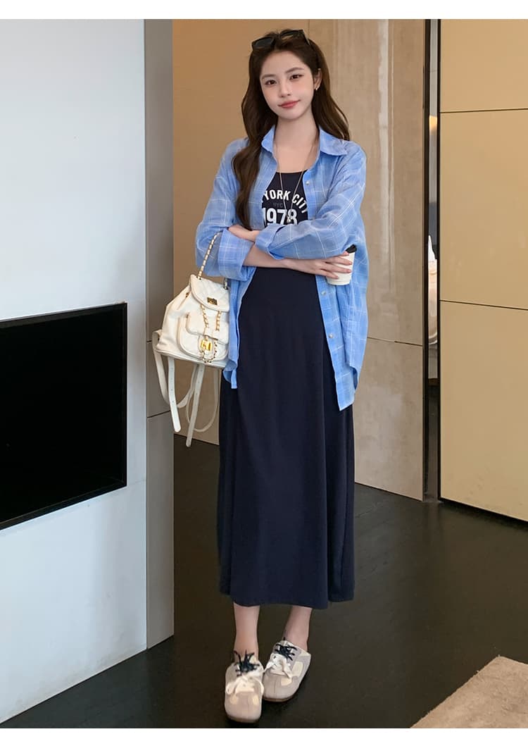 실사 출산 착용 2026 이른 가을 새로운 스택 착용 격자 무늬 셔츠 알파벳 프린트 슬립 드레스 투피스 세트 상세 이미지 12