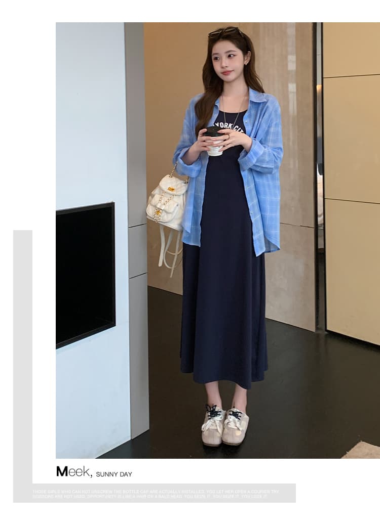 실사 출산 착용 2026 이른 가을 새로운 스택 착용 격자 무늬 셔츠 알파벳 프린트 슬립 드레스 투피스 세트 상세 이미지 13