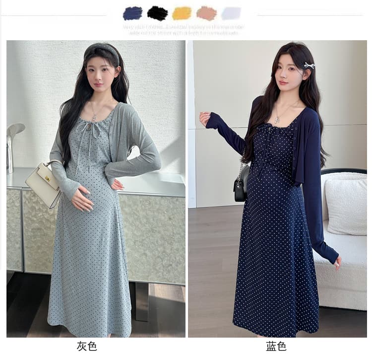 실사 출산 착용 가을 새로운 오픈 가디건 외부 가져 가라. 나비 매듭 도트 무늬 슬립 드레스 투피스 세트 상세 이미지 11