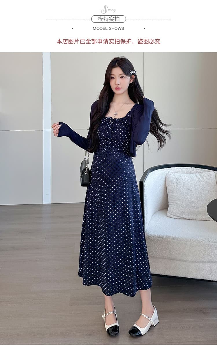 실사 출산 착용 가을 새로운 오픈 가디건 외부 가져 가라. 나비 매듭 도트 무늬 슬립 드레스 투피스 세트 상세 이미지 12