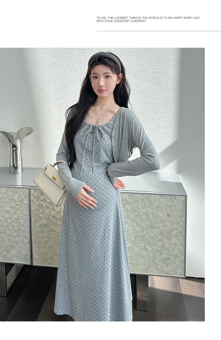 실사 출산 착용 가을 새로운 오픈 가디건 외부 가져 가라. 나비 매듭 도트 무늬 슬립 드레스 투피스 세트 상세 이미지 25
