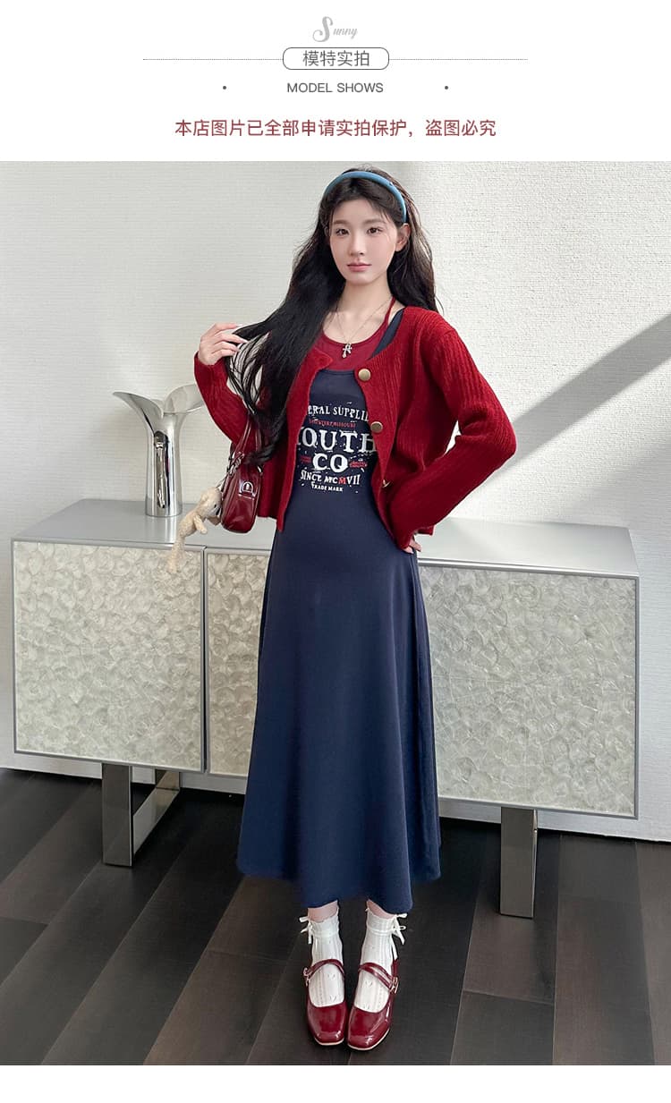 실사 가을 패션 새로운 오픈 가디건 니트 외부 가져 가라. 페이크 레이어드 행침 목 프린트 슬립 드레스 임산부 투피스 세트 상세 이미지 9