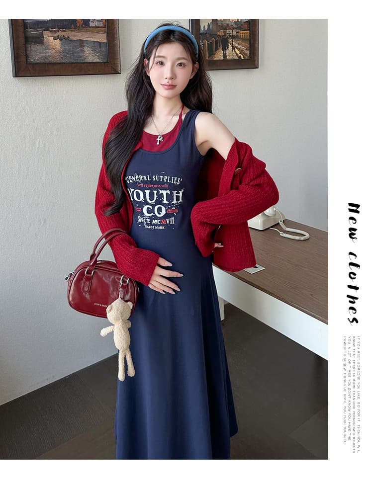 실사 가을 패션 새로운 오픈 가디건 니트 외부 가져 가라. 페이크 레이어드 행침 목 프린트 슬립 드레스 임산부 투피스 세트 상세 이미지 16