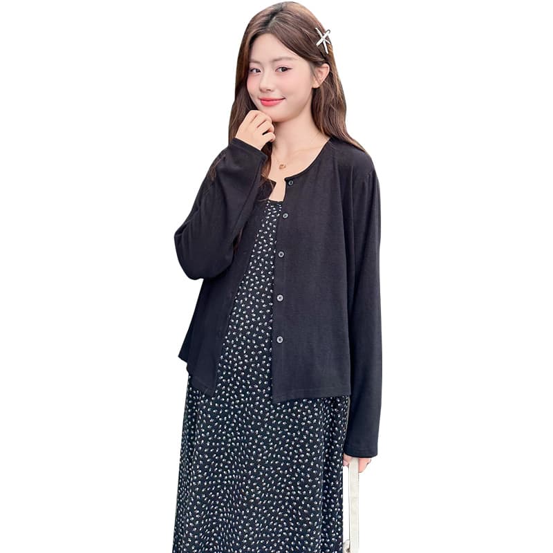 실사 가을 새로운 오픈 가디건 맨위 꽃무늬 프린트 슬립 드레스 치마 임산부 투피스 세트 이미지 6