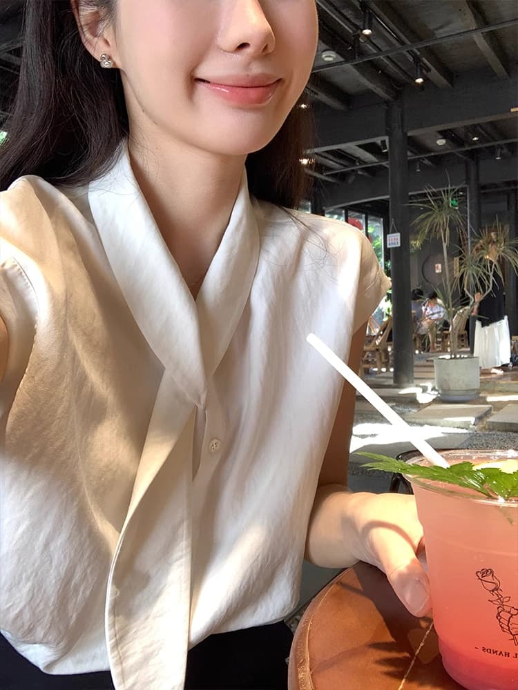 vasse 아름다움 게 부담하지 마세요. 센스 출퇴근 사람들 면 리본 칼라 화이트 반소매 맨위 여성 여름 슬림해 보이는 루즈핏 작은 셔츠 이미지 3