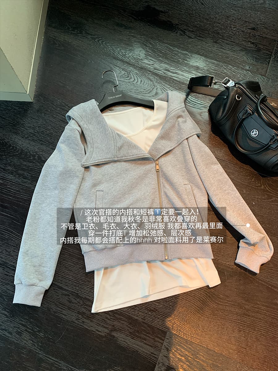 yolo shop 검정색 후드 티 스웨터 여성 몸매 가꾸기 다용도 디자인 센스 폴로 칼라 아메리칸 카디건 코트 맨위 상세 이미지 9