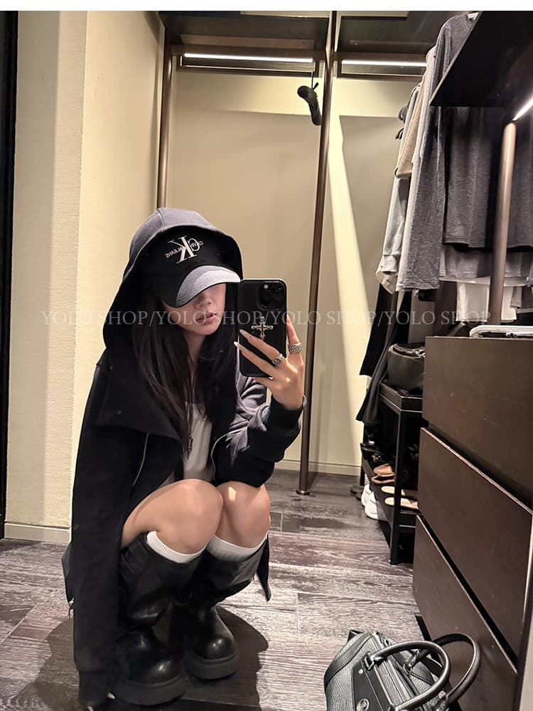 yolo shop 검정색 후드 티 스웨터 여성 몸매 가꾸기 다용도 디자인 센스 폴로 칼라 아메리칸 카디건 코트 맨위 상세 이미지 16