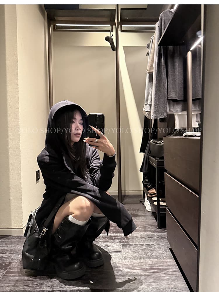 yolo shop 검정색 후드 티 스웨터 여성 몸매 가꾸기 다용도 디자인 센스 폴로 칼라 아메리칸 카디건 코트 맨위 상세 이미지 20