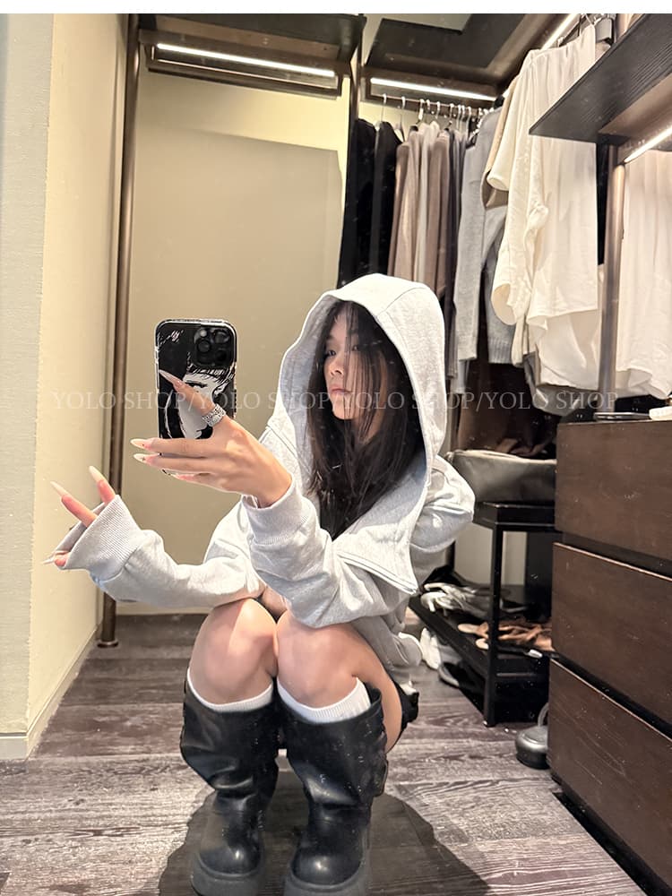 yolo shop 검정색 후드 티 스웨터 여성 몸매 가꾸기 다용도 디자인 센스 폴로 칼라 아메리칸 카디건 코트 맨위 상세 이미지 28