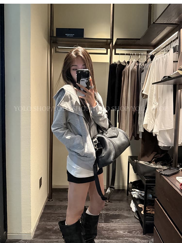 yolo shop 검정색 후드 티 스웨터 여성 몸매 가꾸기 다용도 디자인 센스 폴로 칼라 아메리칸 카디건 코트 맨위 상세 이미지 29