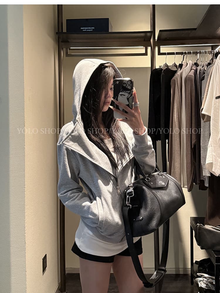 yolo shop 검정색 후드 티 스웨터 여성 몸매 가꾸기 다용도 디자인 센스 폴로 칼라 아메리칸 카디건 코트 맨위 상세 이미지 30