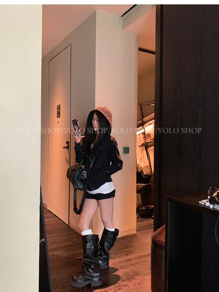 yolo shop 검정색 후드 티 스웨터 여성 몸매 가꾸기 다용도 디자인 센스 폴로 칼라 아메리칸 카디건 코트 맨위 상세 이미지 32