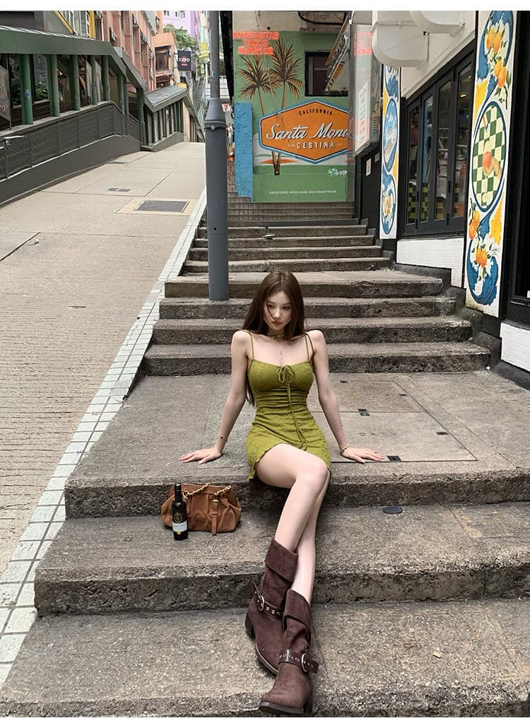 tongiiuu 웨이 팬 모니카 레트로 휴가 질감 슬립 여성 드레스 허리 수축 슬림해 보이는 한 마디 미니 스커트 상세 이미지 3